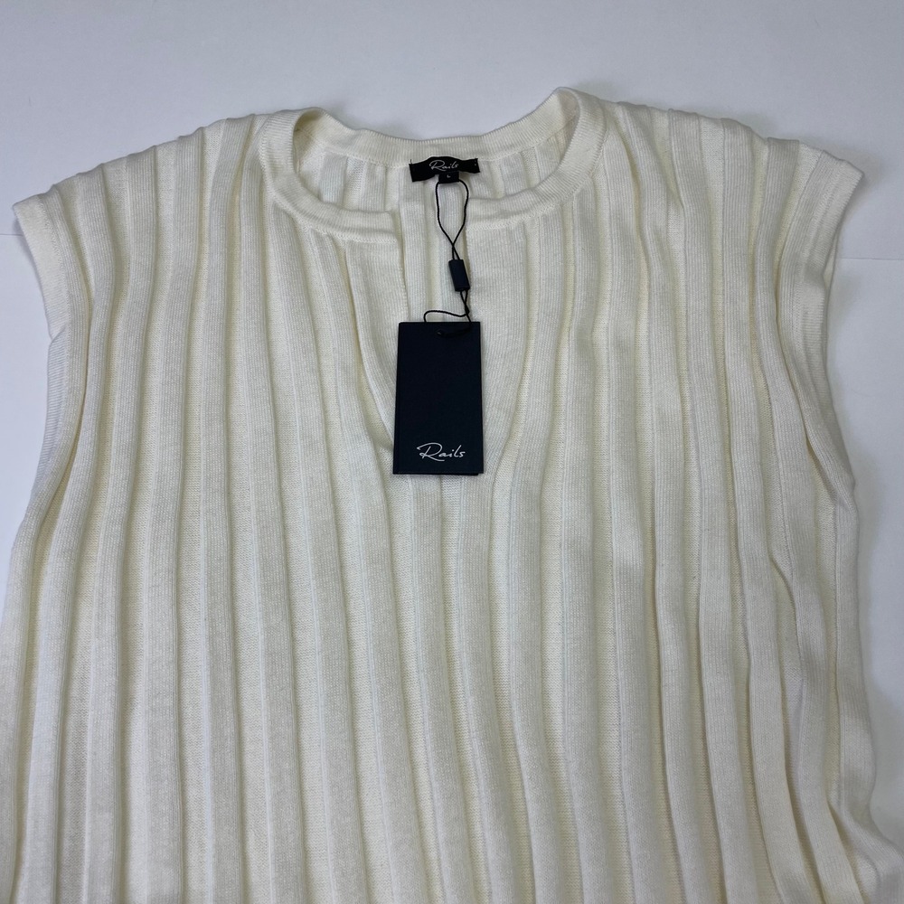 NWT Rails Ashley Cream Ribbed Knit Midi Dress L Sleeveless Split Neck Minimalist - Picture 7 of 16